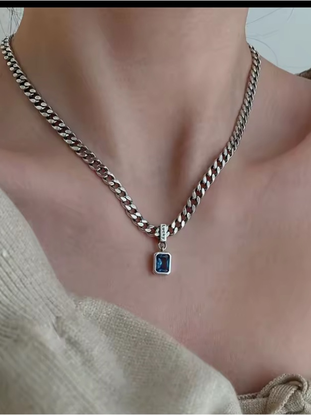 Silver color Chain Necklace with Blue Rectangular Gem Pendant